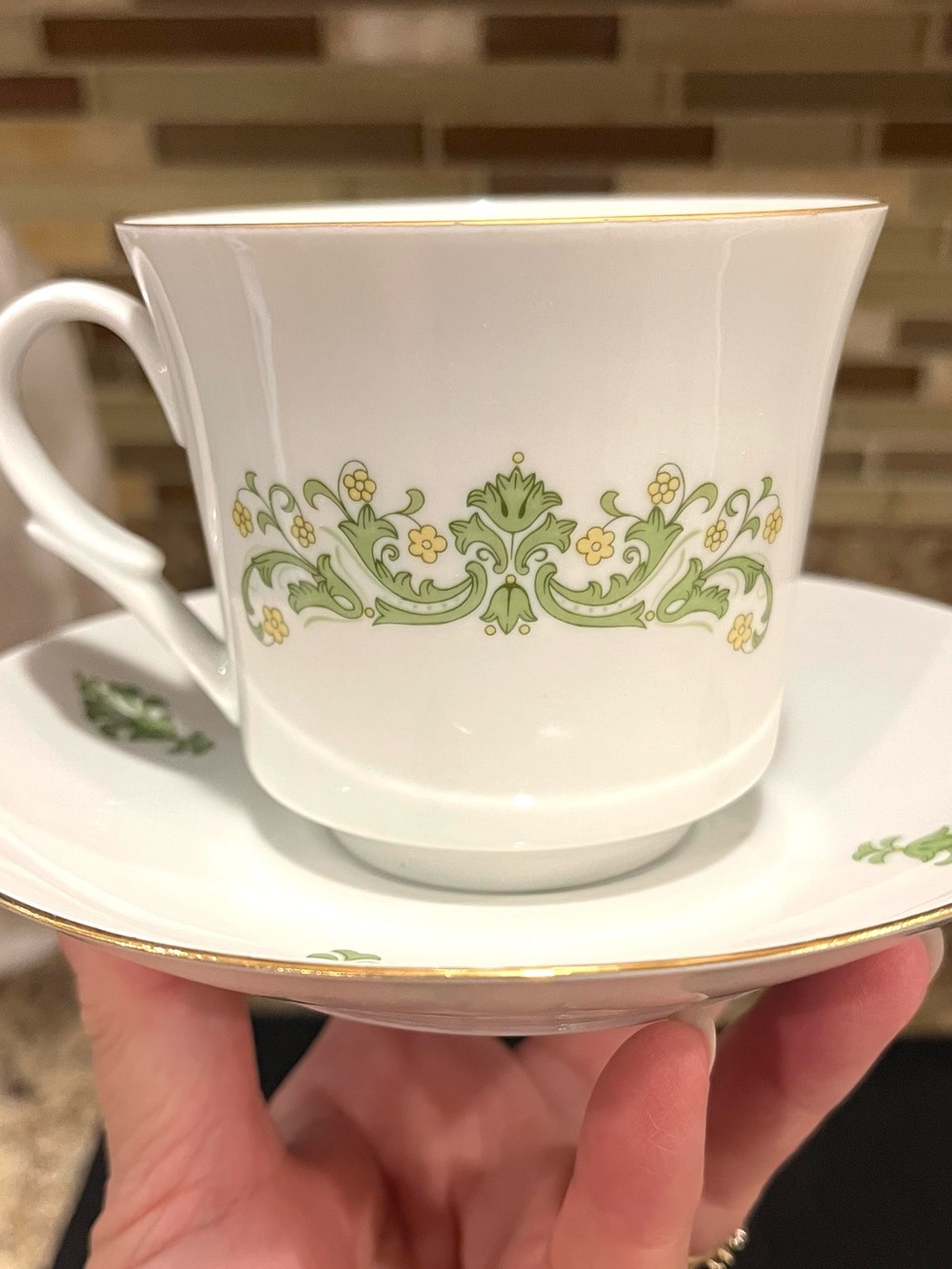 Vintage Fantina “Danube” Teacup and Saucer Green and Yellow Floral Scroll Poland